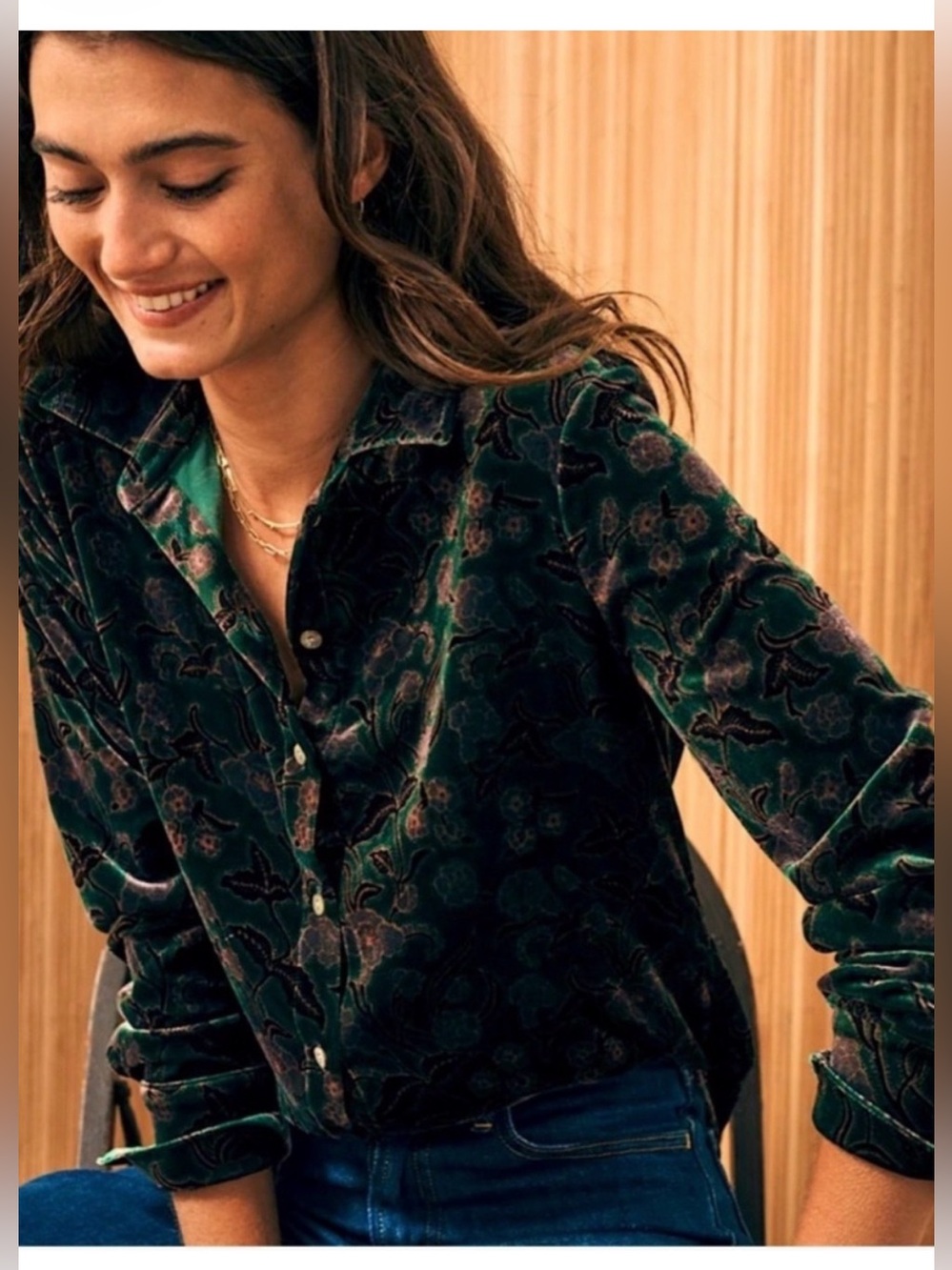 Faherty - Velvet Floral Button-Up Shirt - Green - M silk velvet blend
